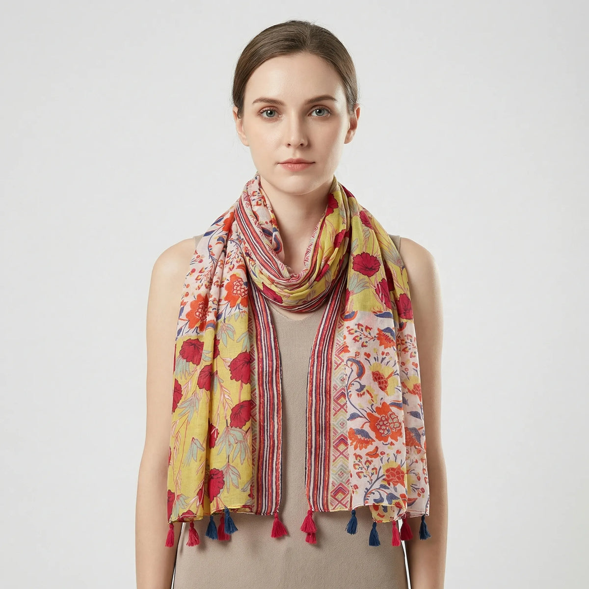 Boho Floral Print Tasseled Lightweight Women's Scarf Wrap