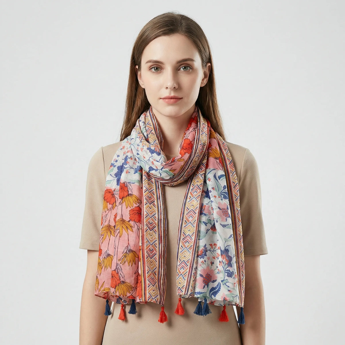 Boho Floral Print Tasseled Lightweight Women's Scarf Wrap