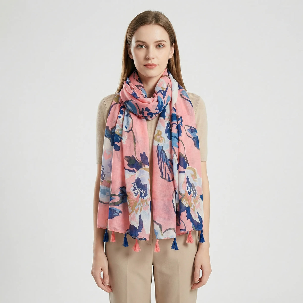 Boho Floral Print Tasseled Lightweight Women's Scarf Wrap