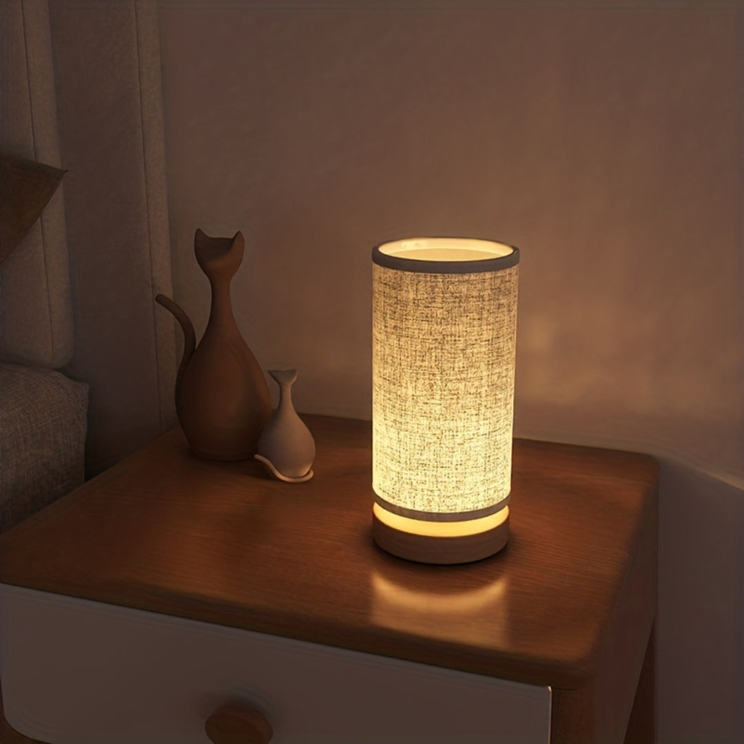 Natural Wood Base Linen Shade USB Table Lamp