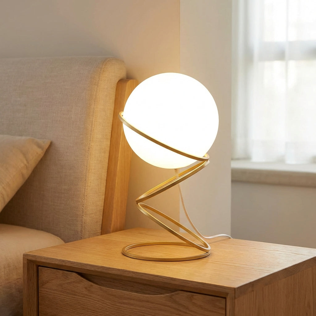 Sculptural Spiral Metal Base Round Acrylic Globe Table Lamp