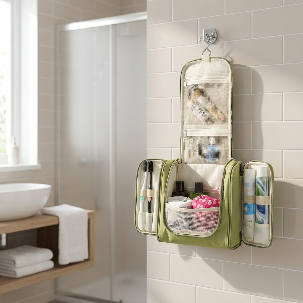 Foldable Water Repellent Multi Compartment Hanging Hook Toiletry Bag