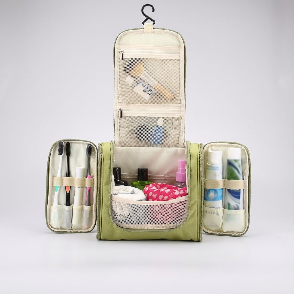 Foldable Water Repellent Multi Compartment Hanging Hook Toiletry Bag