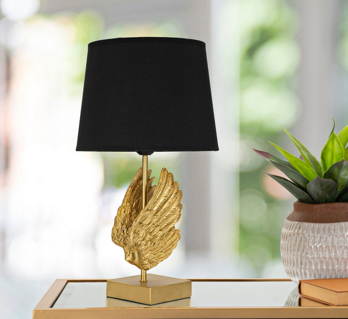 Sculptural Wing Motif Metal Resin Fabric Shade Table Lamp