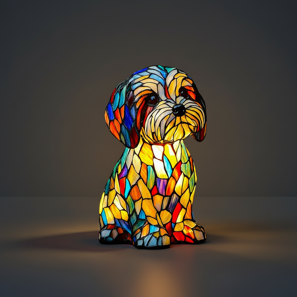Stained Glass Dog Figurine Resin Night Light Table Lamp