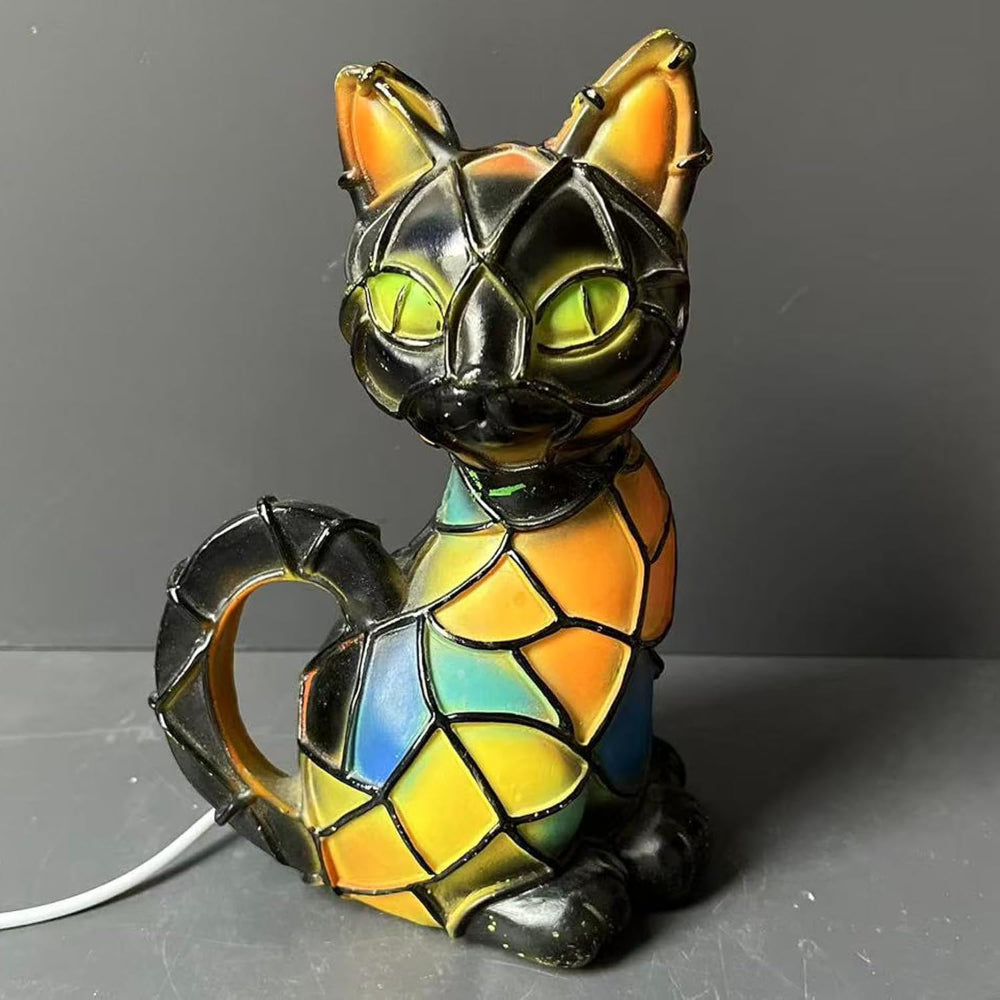 Stained Glass Mosaic Cat Figurine Tiffany Style Table Lamp
