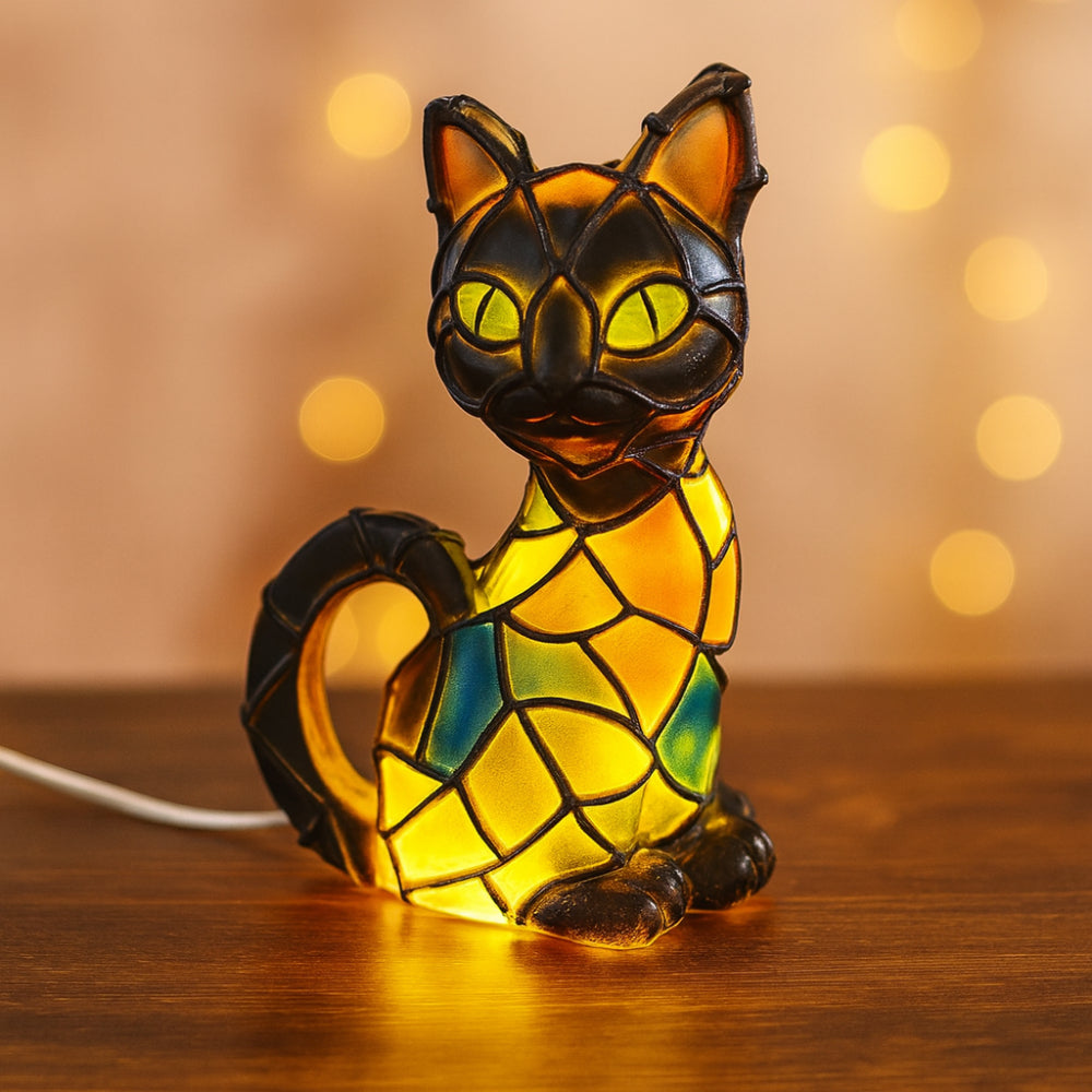 Stained Glass Mosaic Cat Figurine Tiffany Style Table Lamp