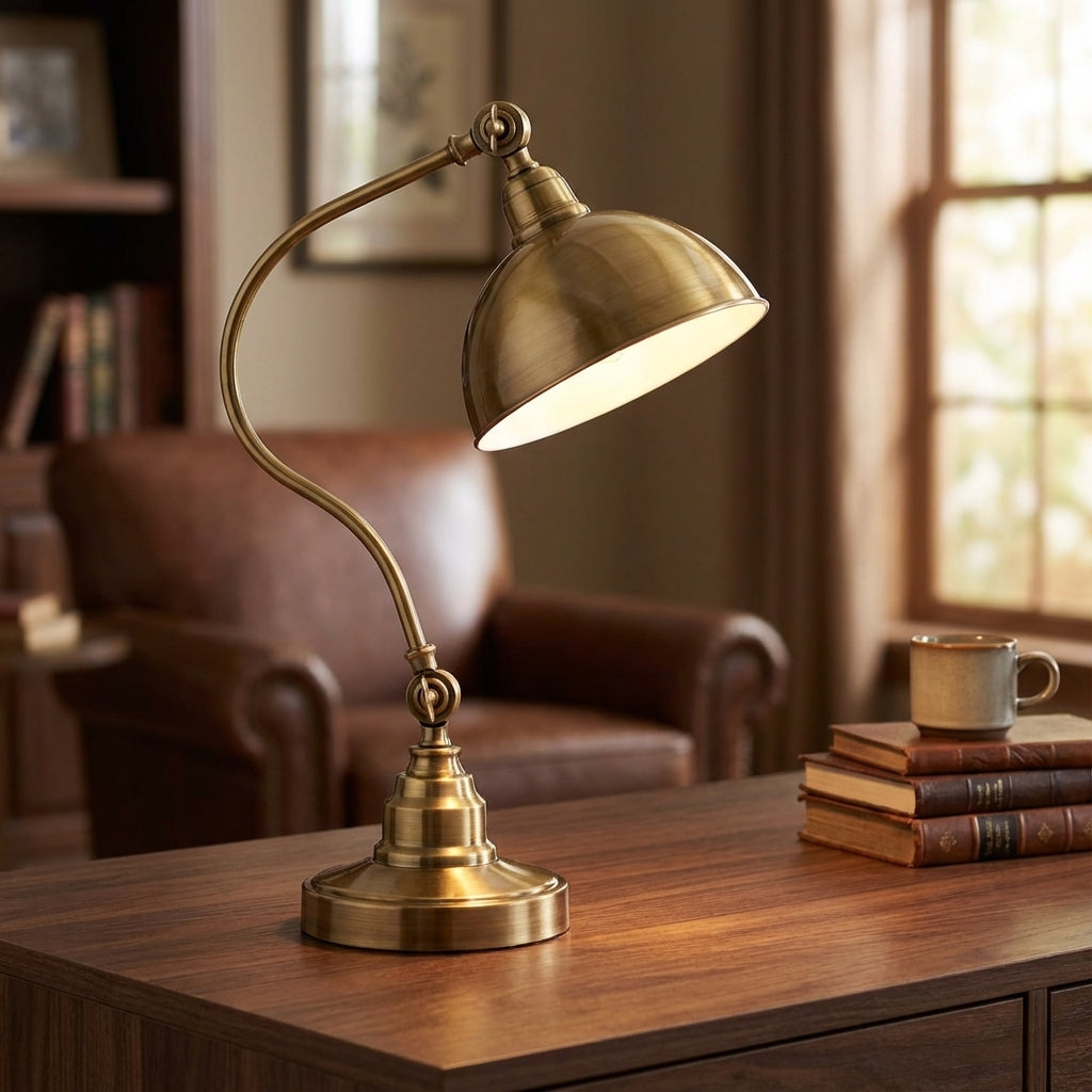 Vintage Curved Arm Dome Shade Metal Table Lamp