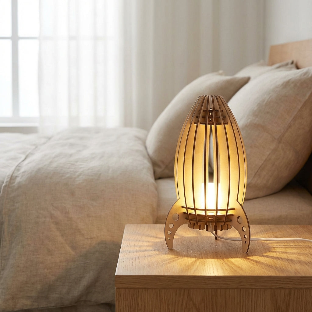 Whimsical Rocket Silhouette Slatted Beech Wood Table Lamp