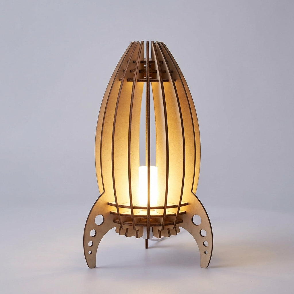 Whimsical Rocket Silhouette Slatted Beech Wood Table Lamp