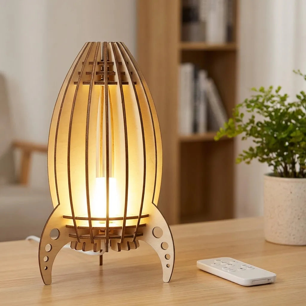Whimsical Rocket Silhouette Slatted Beech Wood Table Lamp