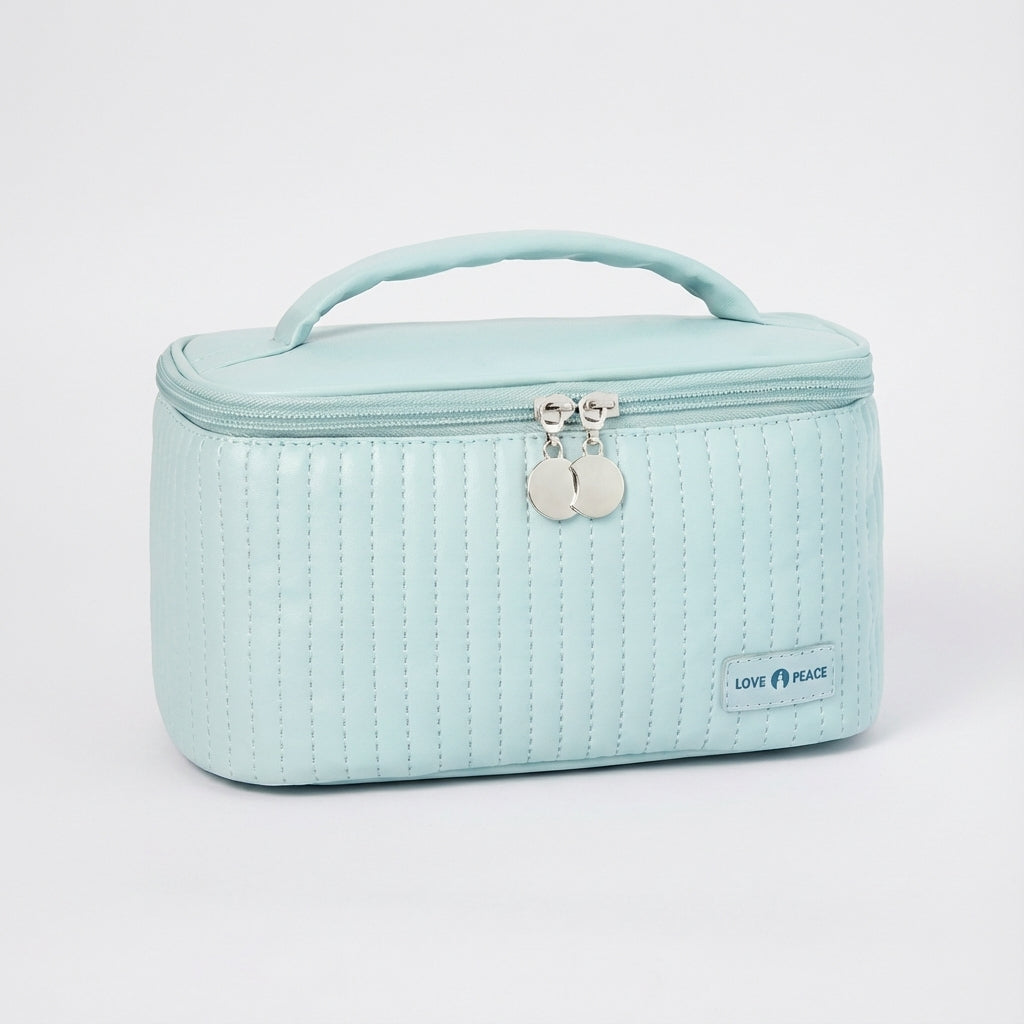 Quilted Multi-Compartment Padded Rectangular Travel Toiletry Bag With Handle