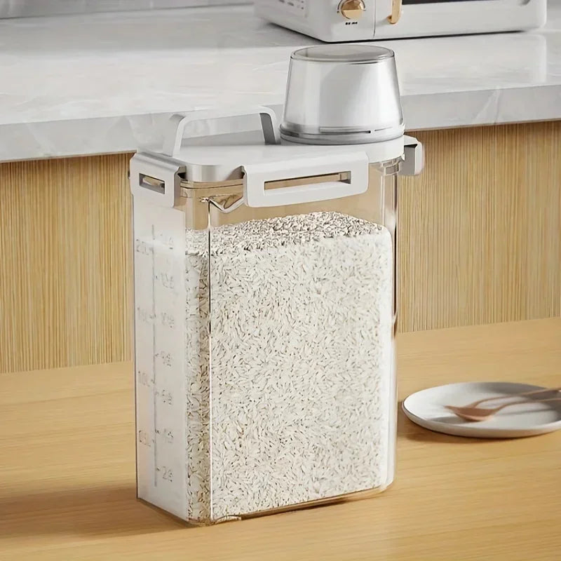 Transparent Airtight Portable Kitchen Grain Storage Container With Measuring Cup