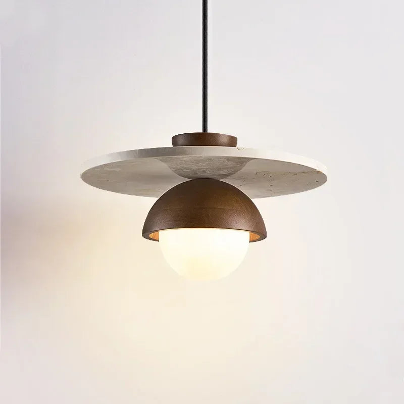 Scandinavian Walnut Wood And Stone Dome Pendant Light