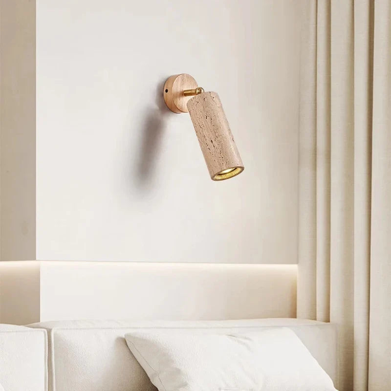 Wabi-Sabi Textured Travertine Stone And Wood Wall Light