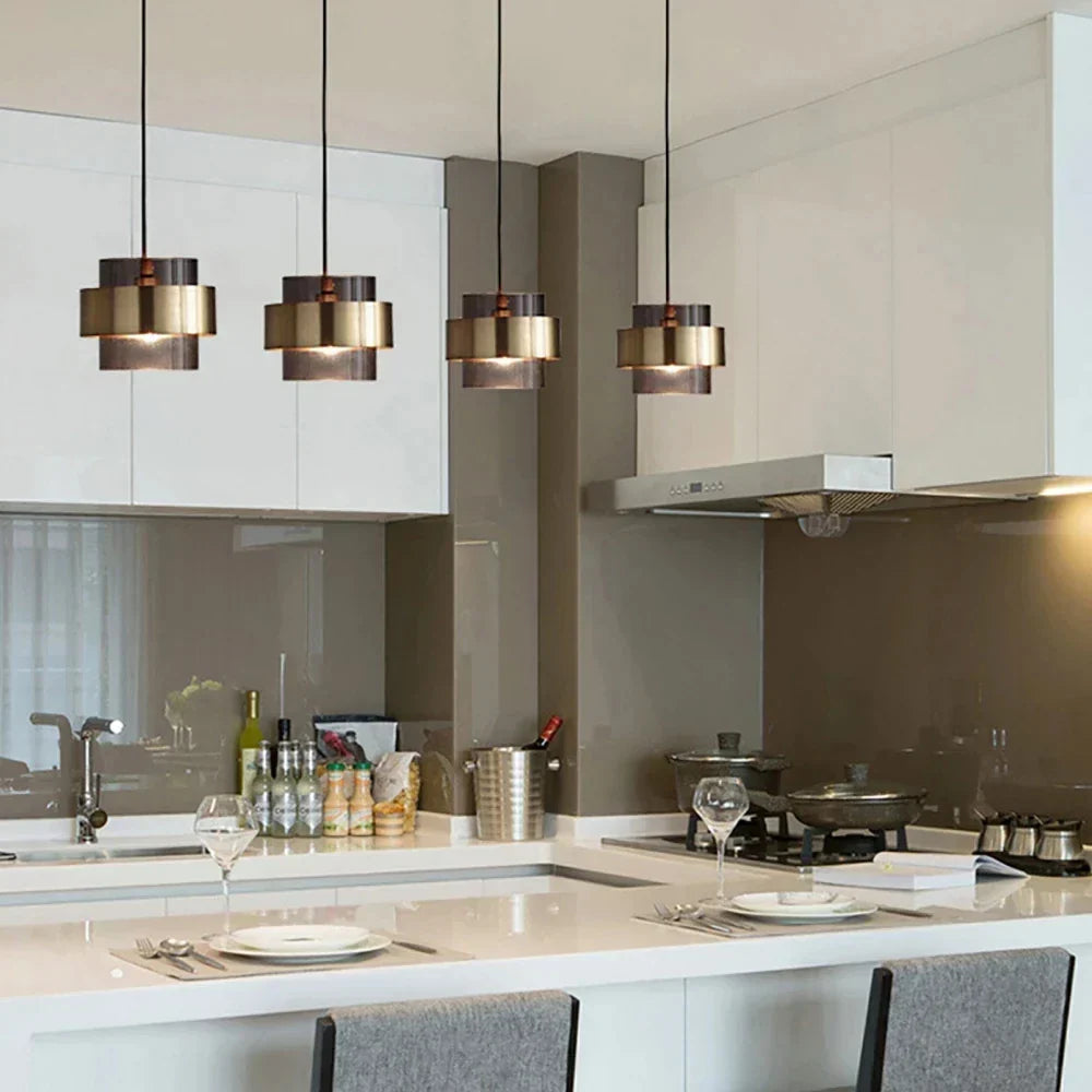 Nordic Smoked Glass Cylinder Brass Band Pendant Light
