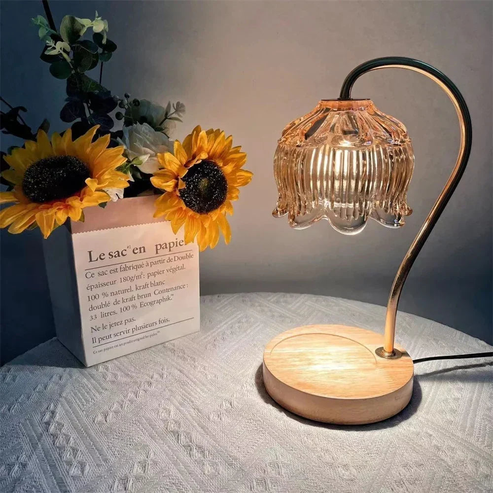 Retro Petal Glass Shade Wood Base Candle Warmer Table Lamp