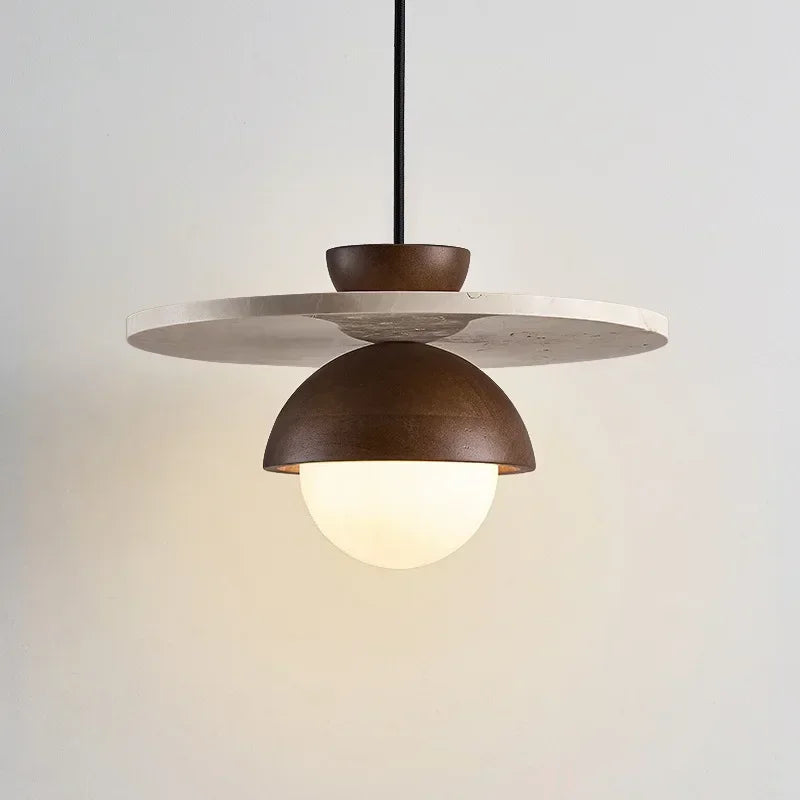 Scandinavian Walnut Wood And Stone Dome Pendant Light