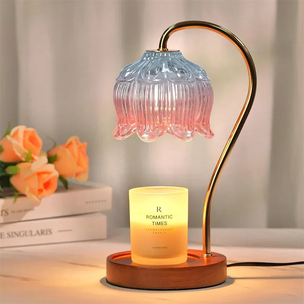 Retro Petal Glass Shade Wood Base Candle Warmer Table Lamp