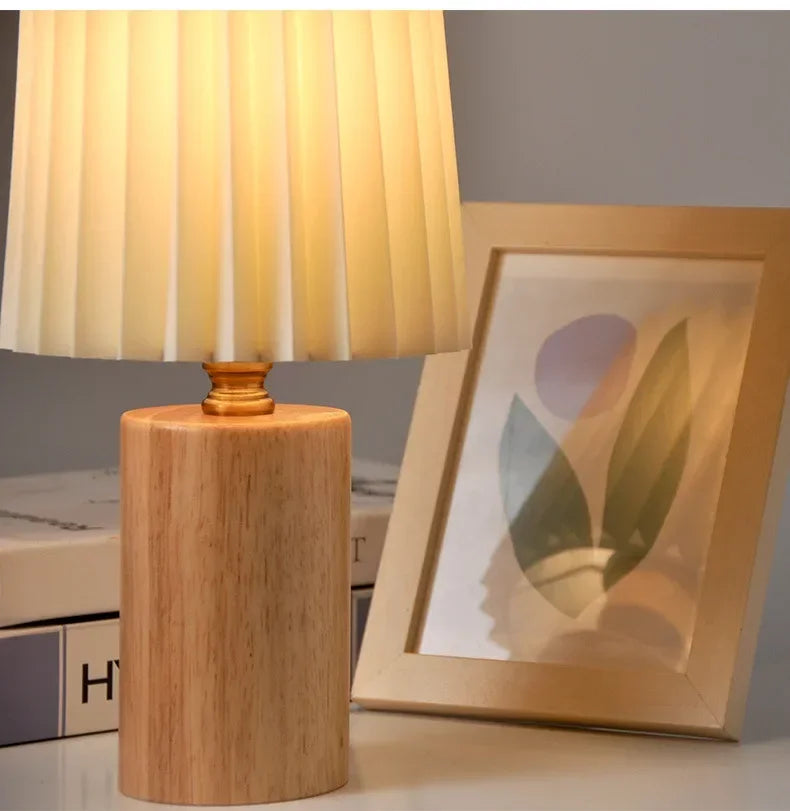 Pleated Fabric Shade Solid Wood Base Table Lamp