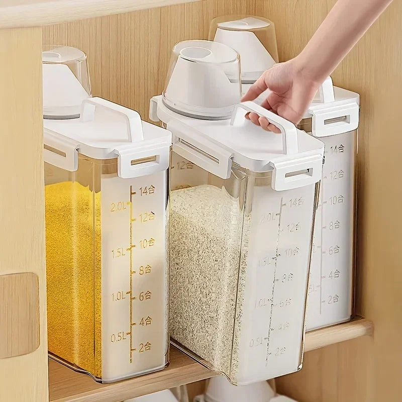Transparent Airtight Portable Kitchen Grain Storage Container With Measuring Cup
