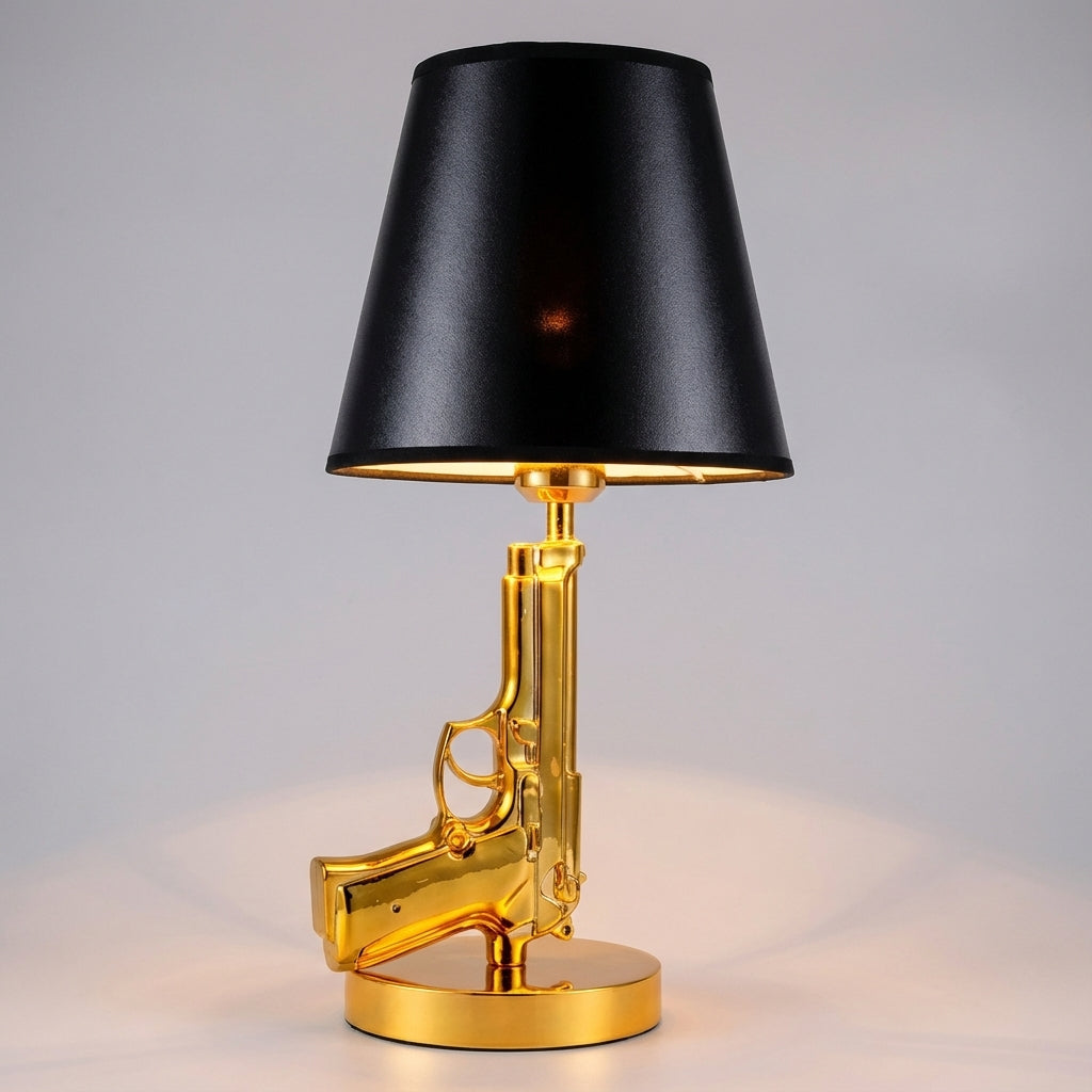 Sculptural Pistol-Inspired Metal Base Fabric Shade Table Lamp