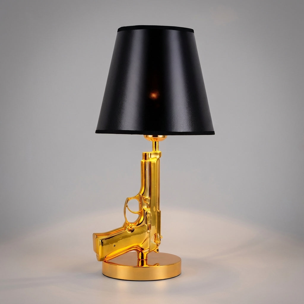 Sculptural Pistol-Inspired Metal Base Fabric Shade Table Lamp