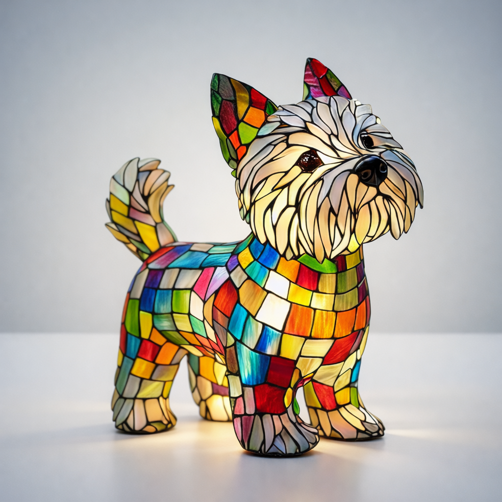 Stained Glass Dog Figurine Resin Night Light Table Lamp
