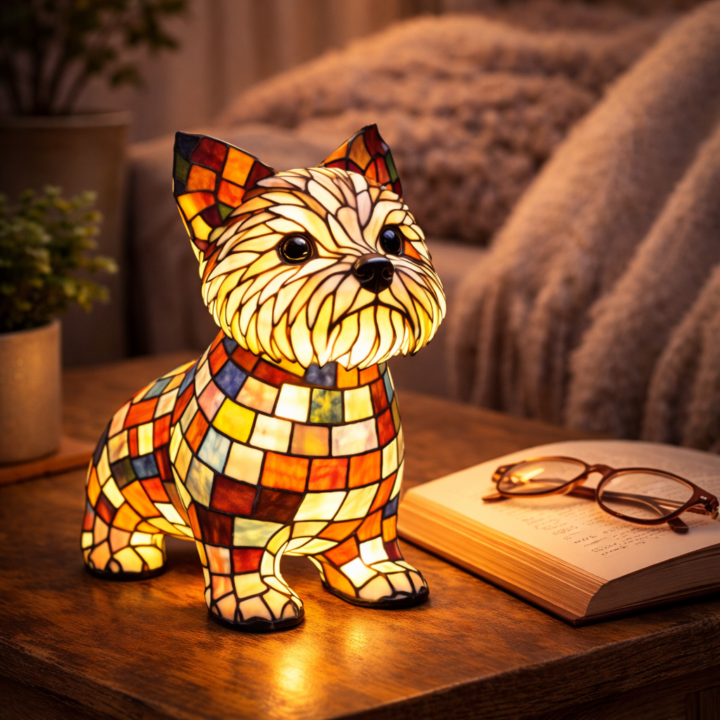 Stained Glass Dog Figurine Resin Night Light Table Lamp