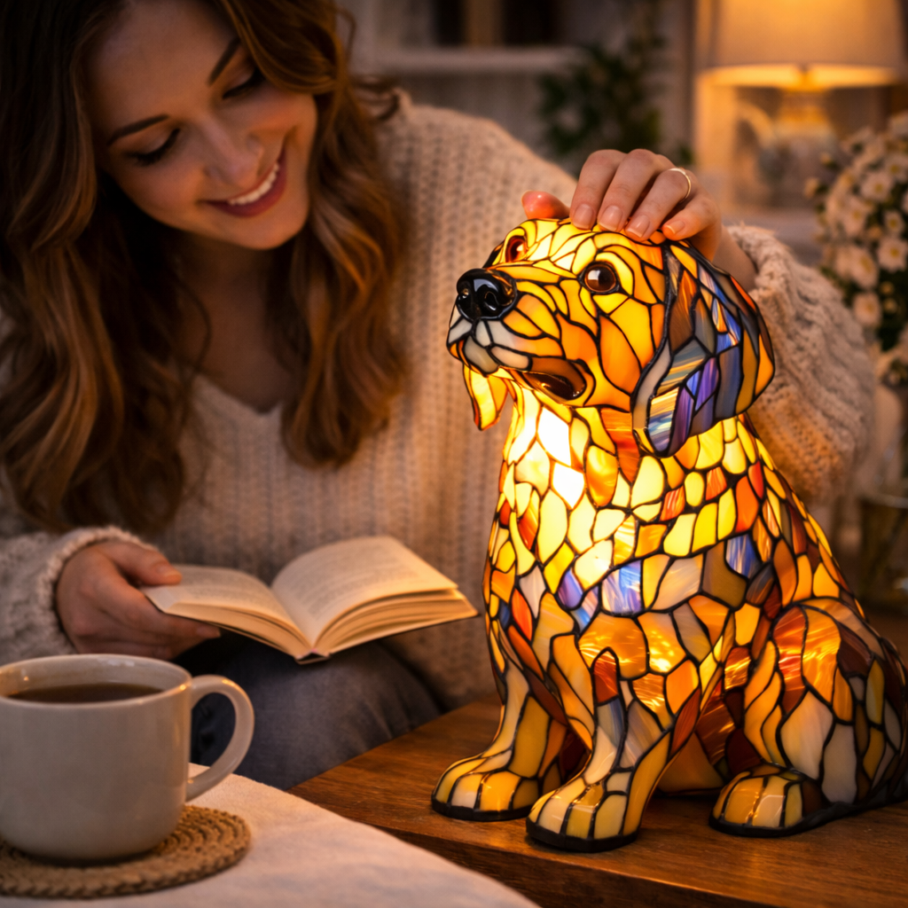 Mosaic Dog Stained Glass Decorative Table Lamp for Bedroom