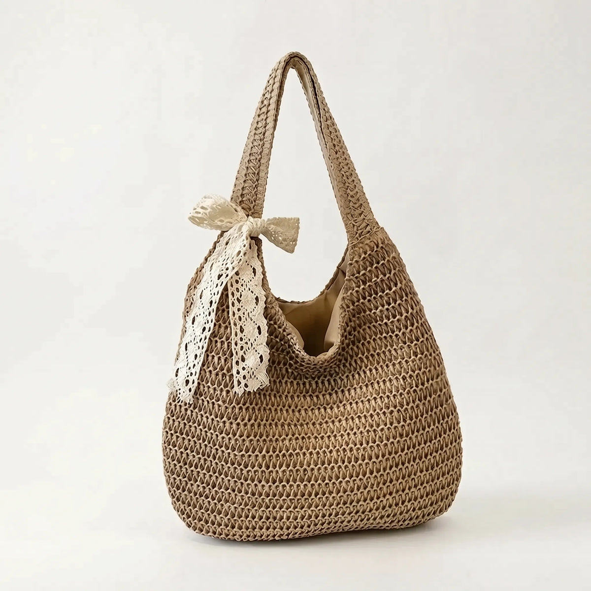 Woven Straw Open Top Casual Slouch Shoulder Tote Bag