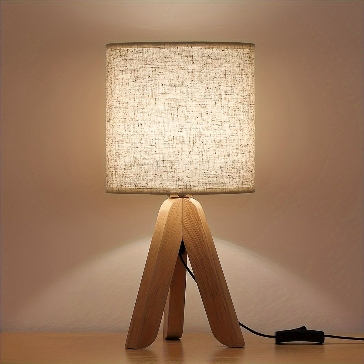 Nordic Minimalist Wooden Tripod Linen Shade Table Lamp