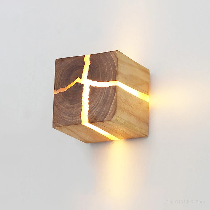 Hand-Carved Solid Wood Resin Inlay Wall Light