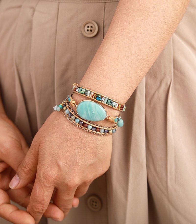 Natural Amazonite Stone Boho Handmade Wrap Bracelet