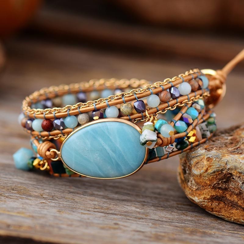 Natural Amazonite Stone Boho Handmade Wrap Bracelet