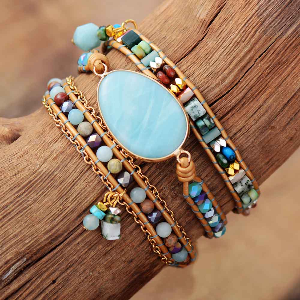 Natural Amazonite Stone Boho Handmade Wrap Bracelet