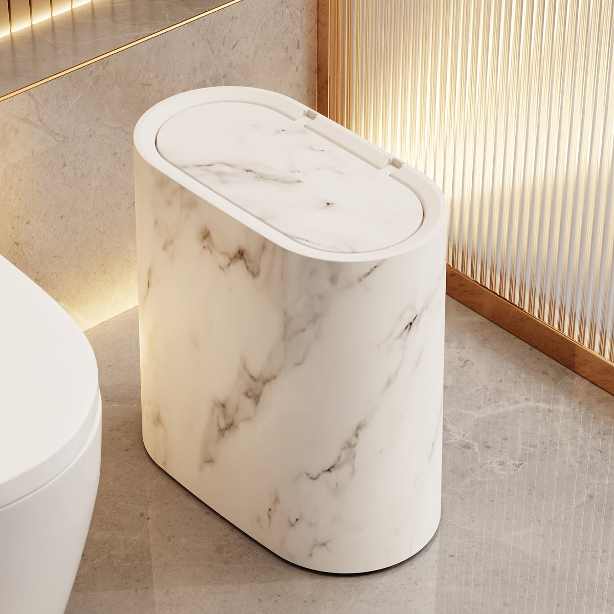 Marble Pattern Oval Trash Can With Fitted Lid