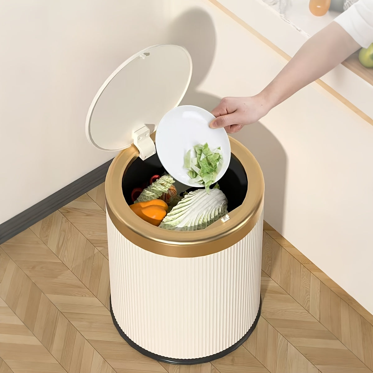 Sleek Oval Powder Coated Press-Top Trash Can with Dual Inner Bucket