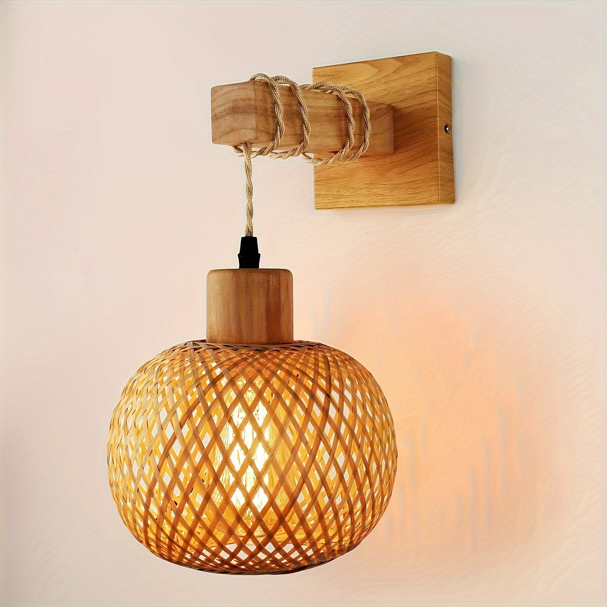 Rustic Bohemian Style Handwoven Rattan Wood Wall Light