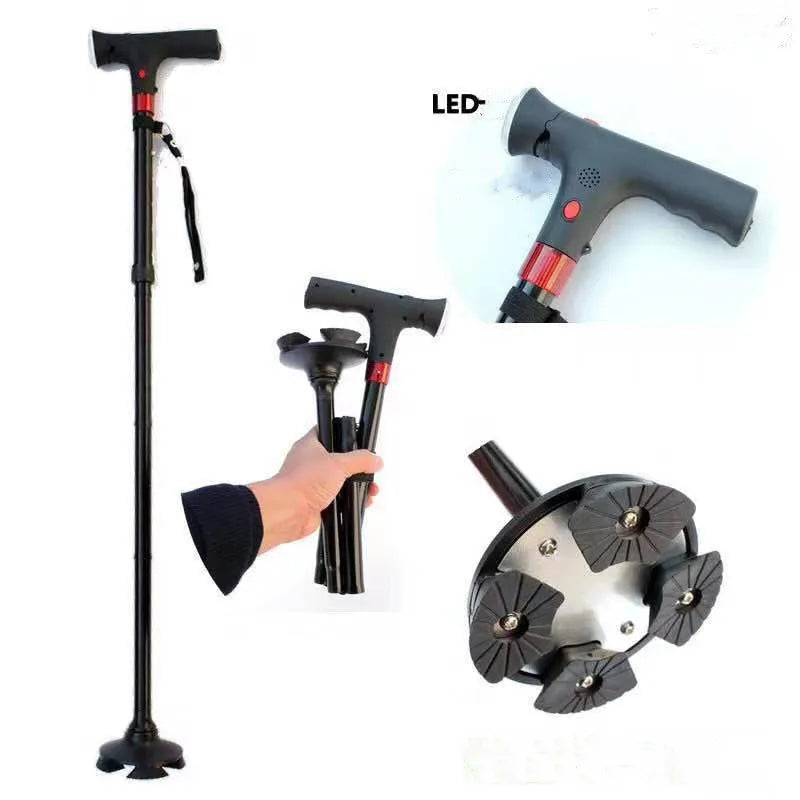 Foldable Aluminum Dual Handgrip Self Standing Mobility Walking Stick