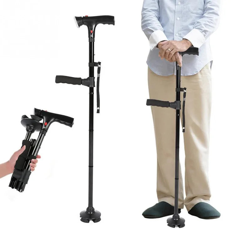 Foldable Aluminum Dual Handgrip Self Standing Mobility Walking Stick