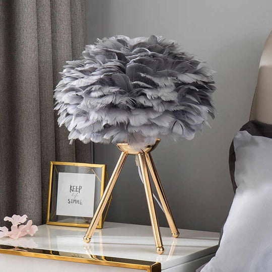 Feathered-Adorned Metal Base Dimmable Table Lamp