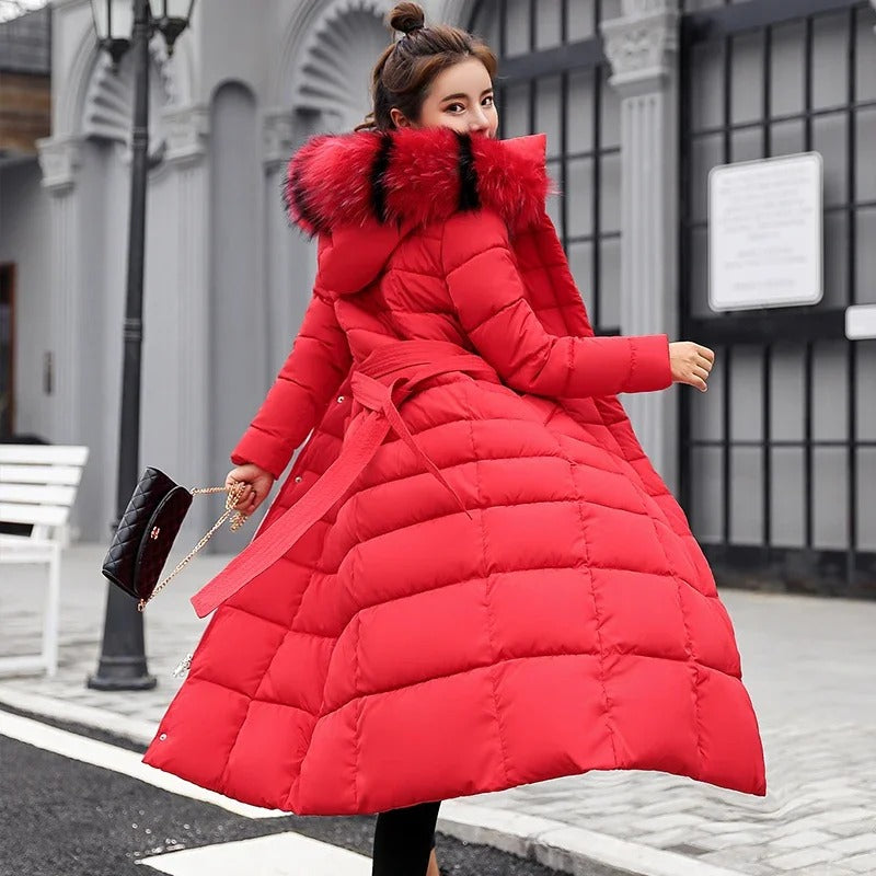 Women's Long Belted Fur Hood Puffer Coat