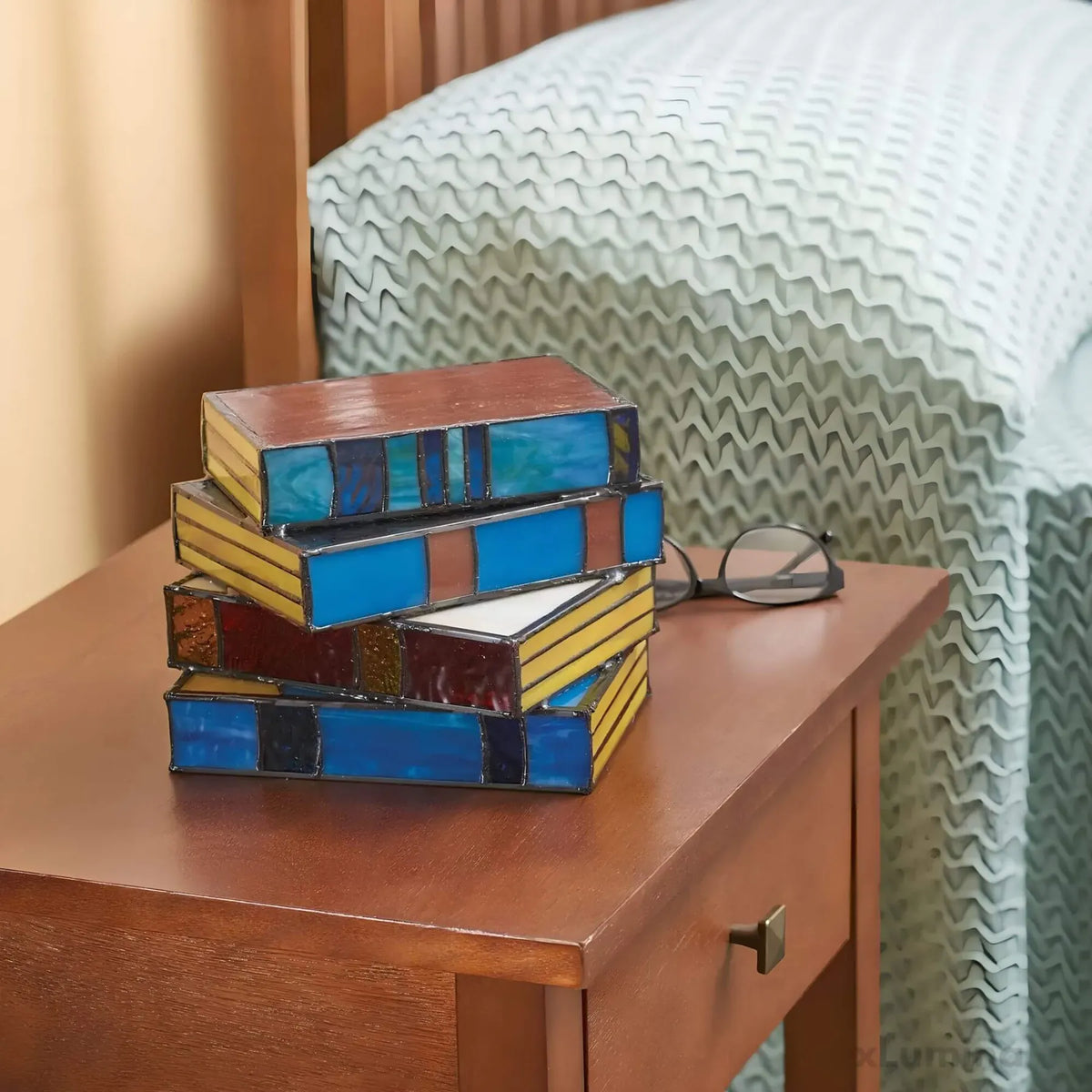 Stacked Books Silhouette Handcrafted Stained Glass Table Lamp
