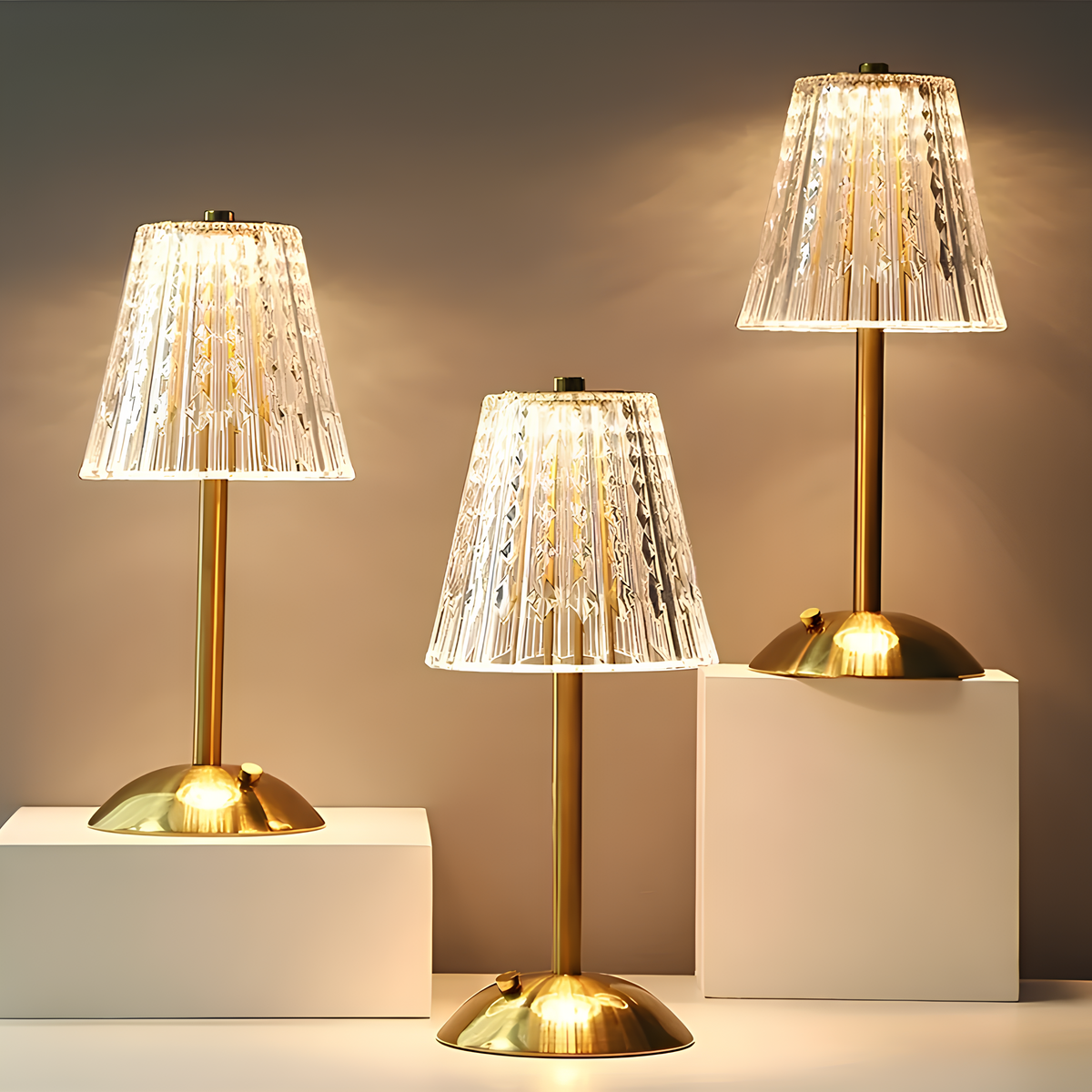 Crystal Shade Brushed Aluminum Touch Control Rechargeable Table Lamp