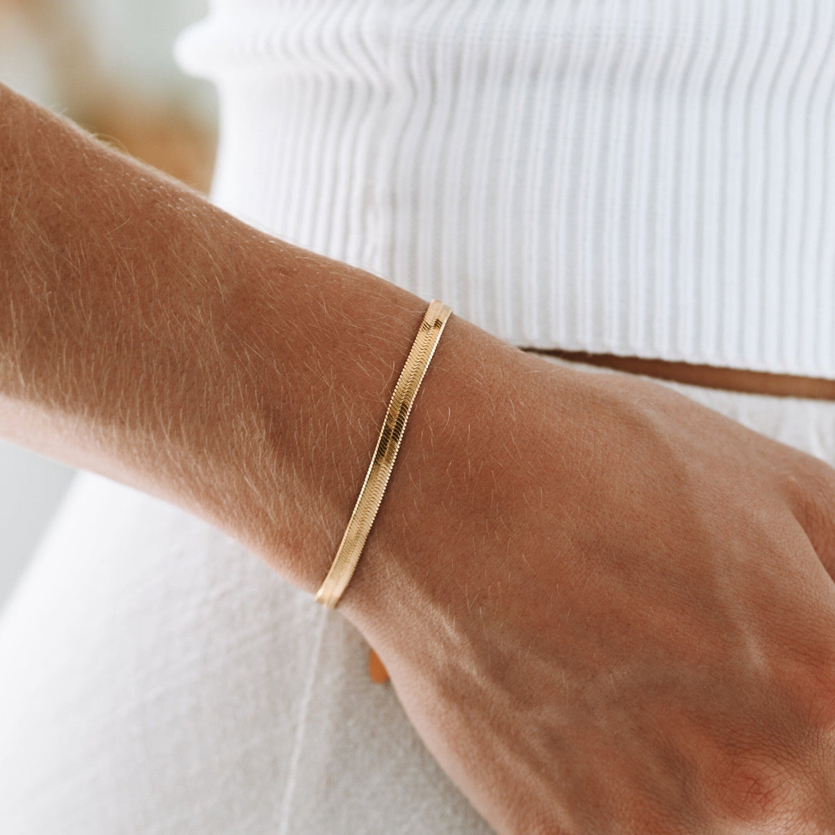 Adjustable Herringbone Pattern Gold Coated Silver Chain Bracelet