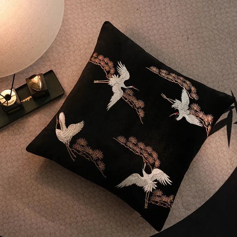 Embroidered Crane And Pine Square Throw Pillow Cover