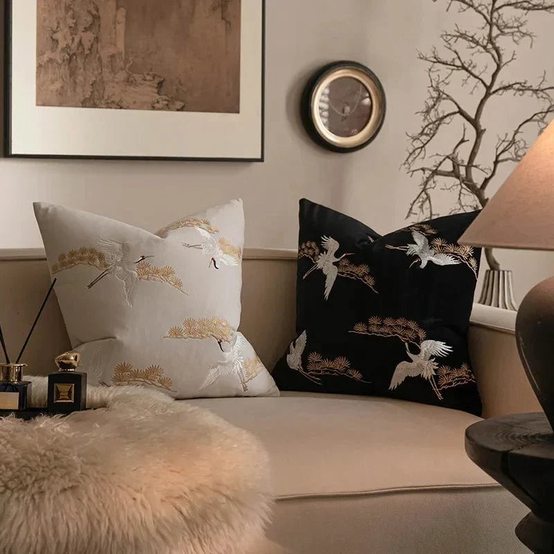 Embroidered Crane And Pine Square Throw Pillow Cover