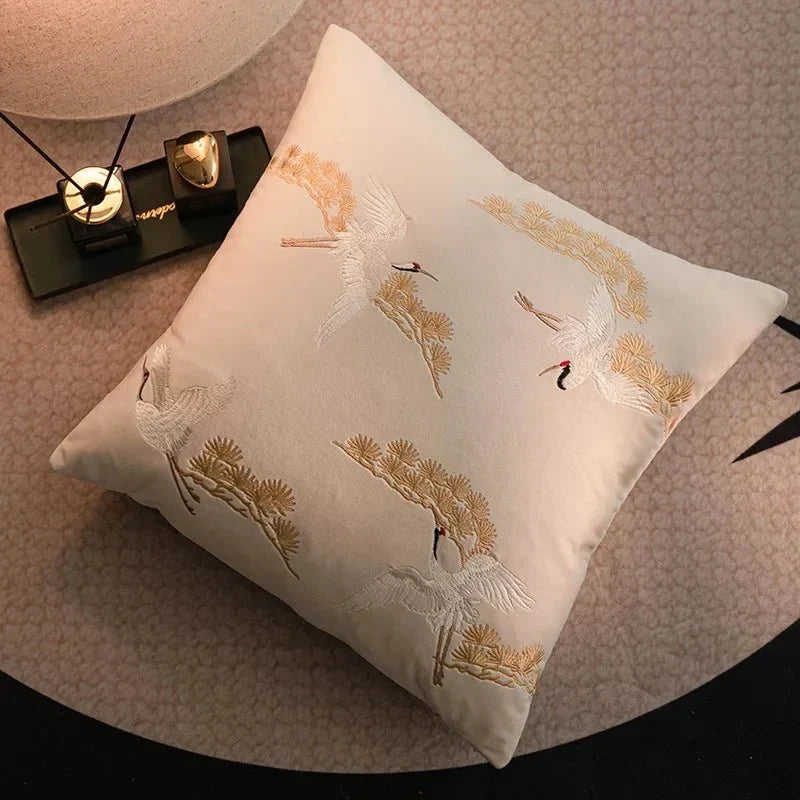 Embroidered Crane And Pine Square Throw Pillow Cover