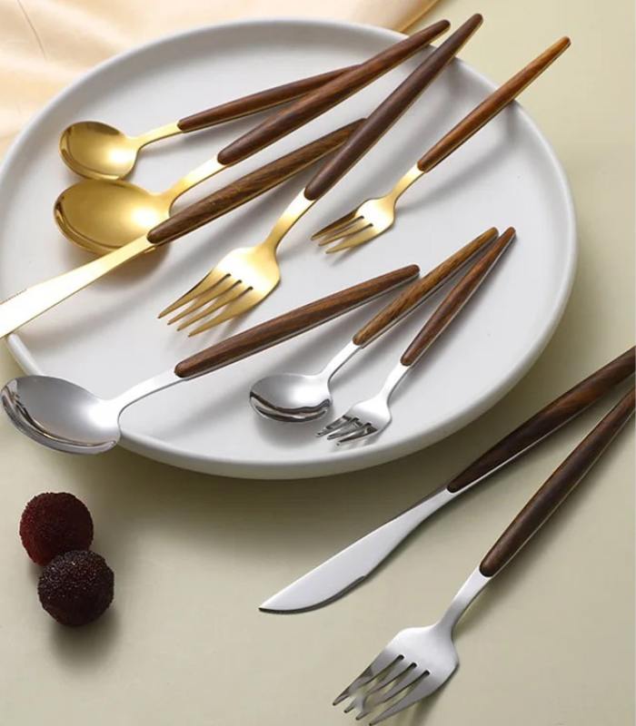 Polished Stainless Steel Wood Accent Handle Flatware Cutlery Set